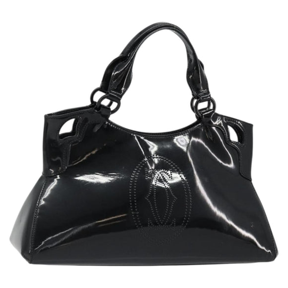 CARTIER Marcello Hand Bag Patent Leather Black Silver Auth 187367A