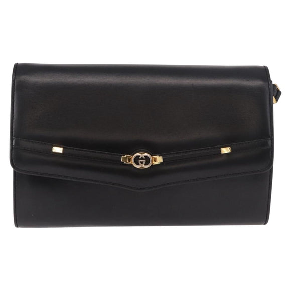 GUCCI Shoulder Bag Leather Black Gold Auth 187368