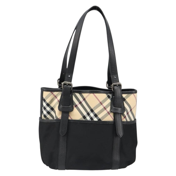 BURBERRY Nova Check Hand Bag Nylon Beige Black Silver Auth 187375A