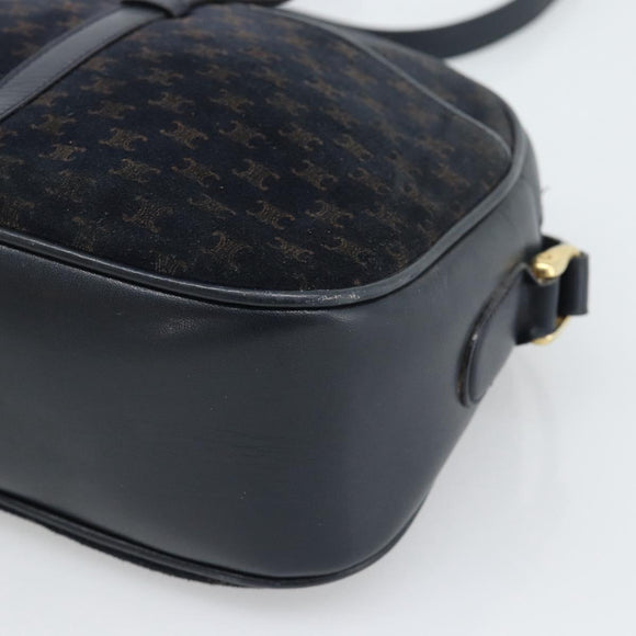 CELINE Macadam Canvas Shoulder Bag Suede Leather Navy Gold Auth 187378