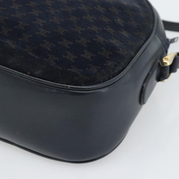 CELINE Macadam Canvas Shoulder Bag Suede Leather Navy Gold Auth 187378