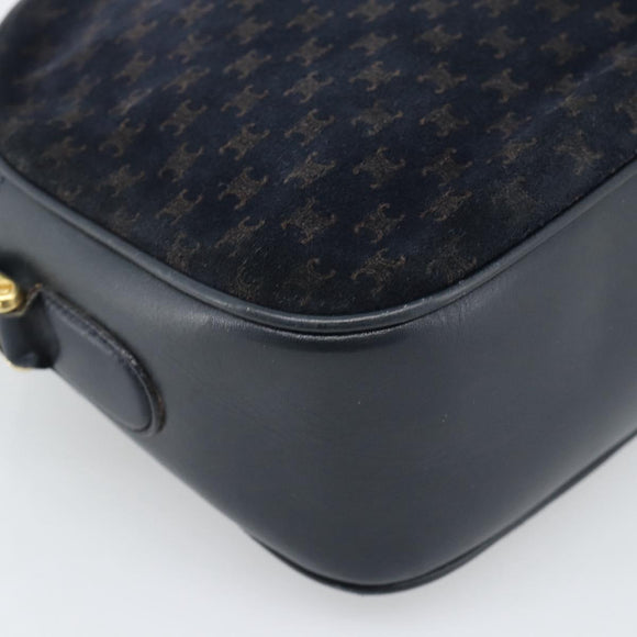 CELINE Macadam Canvas Shoulder Bag Suede Leather Navy Gold Auth 187378