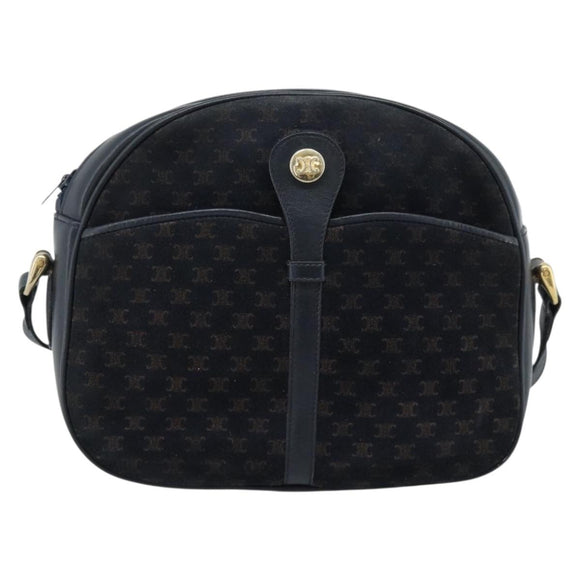 CELINE Macadam Canvas Shoulder Bag Suede Leather Navy Gold Auth 187378