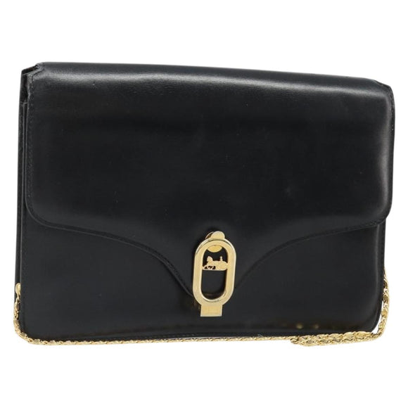 CELINE Chain Shoulder Bag Leather Black Gold Auth 187388