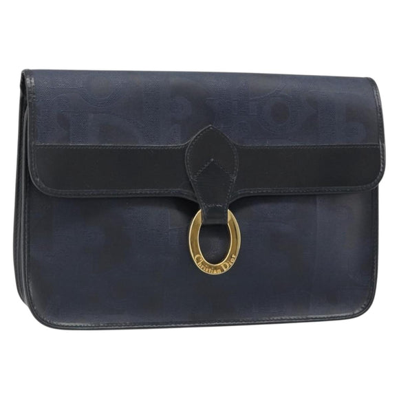 Christian Dior Trotter Canvas Vintage Clutch Bag PVC Navy Gold Auth 187390