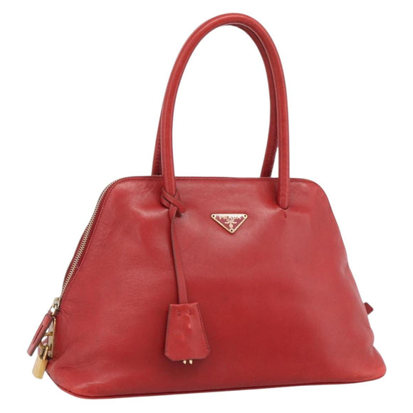 PRADA Hand Bag Leather Red Gold Auth 187417A
