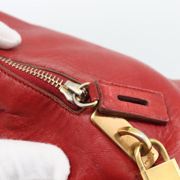 PRADA Hand Bag Leather Red Gold Auth 187417A