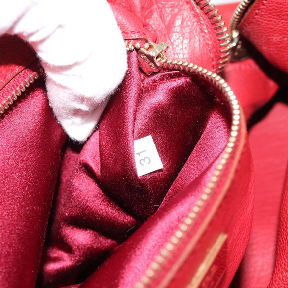 PRADA Hand Bag Leather Red Gold Auth 187417A