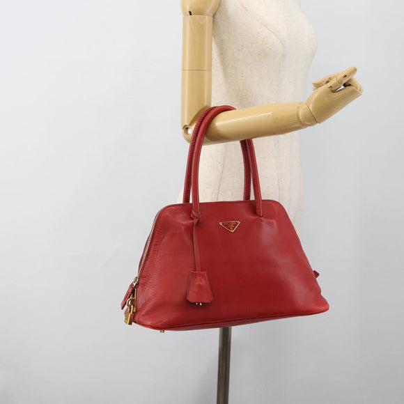 PRADA Hand Bag Leather Red Gold Auth 187417A