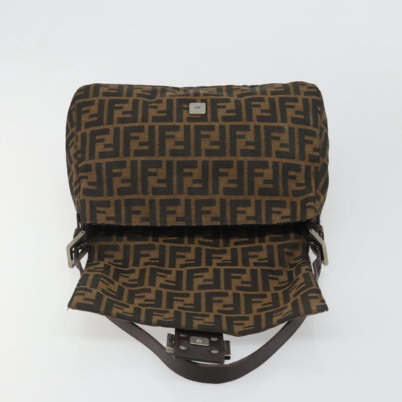 FENDI Zucca Canvas Mamma Baguette Shoulder Bag Black Silver Brown Auth 187420V
