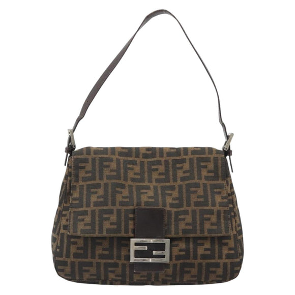 FENDI Zucca Canvas Mamma Baguette Shoulder Bag Black Silver Brown Auth 187420V