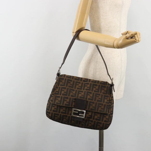 FENDI Zucca Canvas Mamma Baguette Shoulder Bag Black Silver Brown Auth 187420V