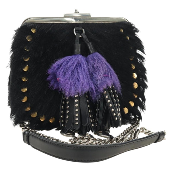 PRADA Chain Shoulder Bag Fur Black Silver Auth 187435SAM