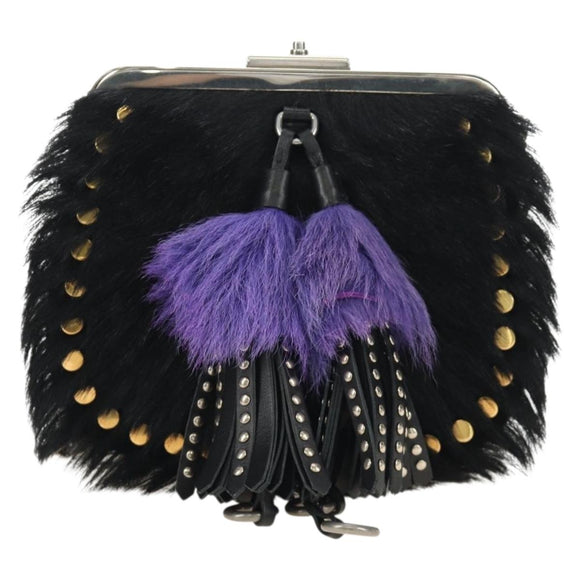 PRADA Chain Shoulder Bag Fur Black Silver Auth 187435SAM