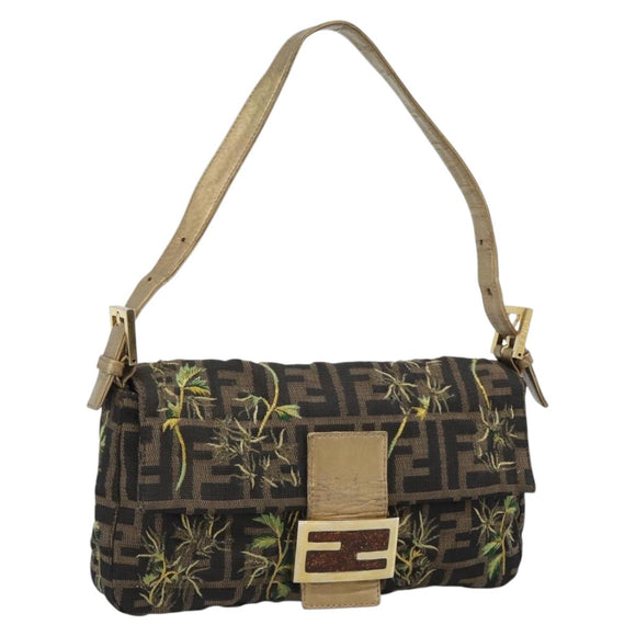 FENDI Zucca Canvas Mamma Baguette Shoulder Bag Black Gold Brown Auth 187451SM