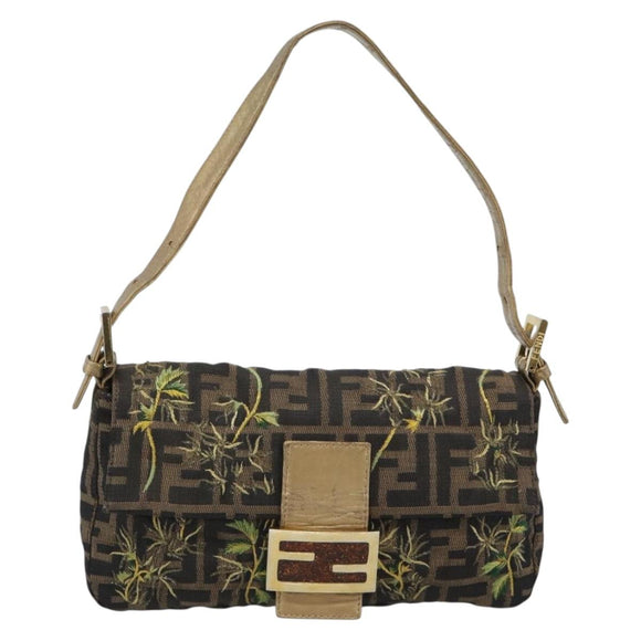 FENDI Zucca Canvas Mamma Baguette Shoulder Bag Black Gold Brown Auth 187451SM
