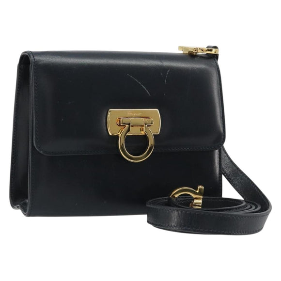 Salvatore Ferragamo Gancini Shoulder Bag Leather Navy Gold Auth 187453