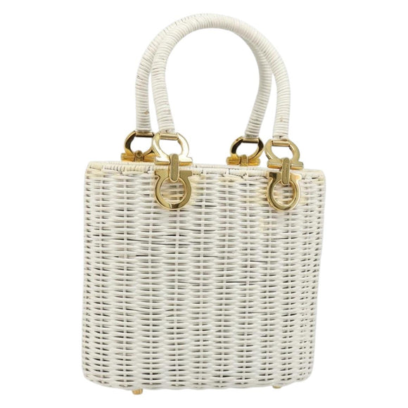 Salvatore Ferragamo Gancini Hand Bag Rattan White Gold Auth 187454V