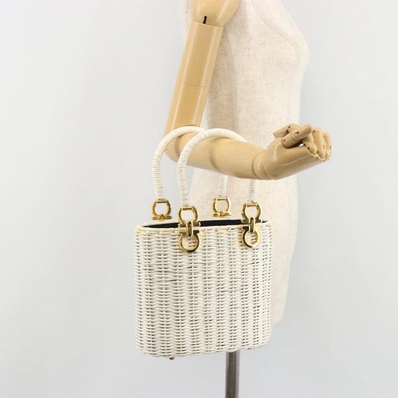 Salvatore Ferragamo Gancini Hand Bag Rattan White Gold Auth 187454V
