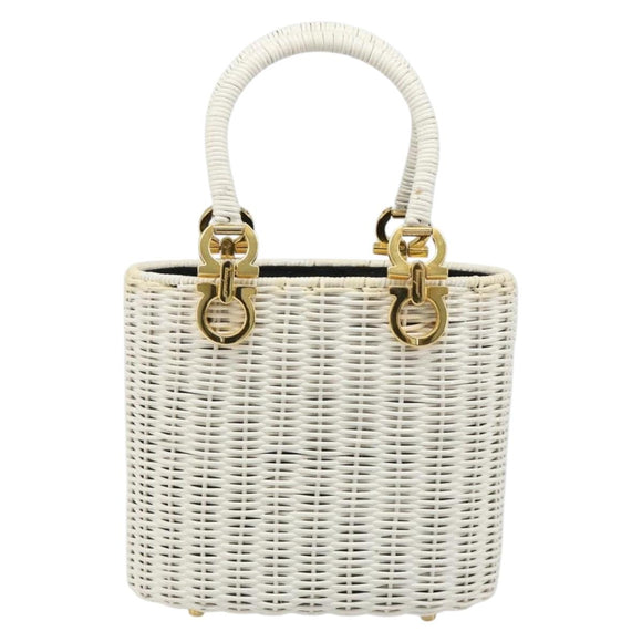 Salvatore Ferragamo Gancini Hand Bag Rattan White Gold Auth 187454V