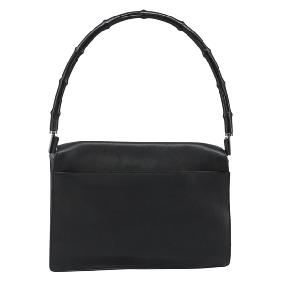 GUCCI Bamboo Shoulder Bag Leather Black Silver Auth 187466V