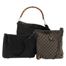 GUCCI GG Canvas Bamboo Shoulder Bag Leather Canvas 3 Set Brown Black Auth 187469-1