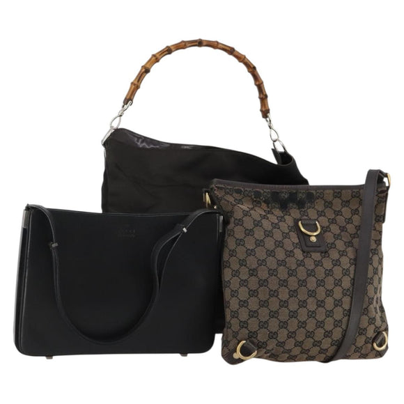 GUCCI GG Canvas Bamboo Shoulder Bag Leather Canvas 3 Set Brown Black Auth 187469