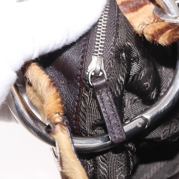 PRADA Pouch Unborn Calf Skin Brown Silver Auth 187486V