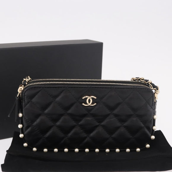 CHANEL Matelasse Chain Shoulder Bag Calf Skin Black Gold CC Auth 187491SAM
