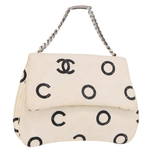 CHANEL Matelasse Chain Hand Bag Canvas White Silver CC Auth 187495V