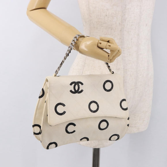 CHANEL Matelasse Chain Hand Bag Canvas White Silver CC Auth 187495V