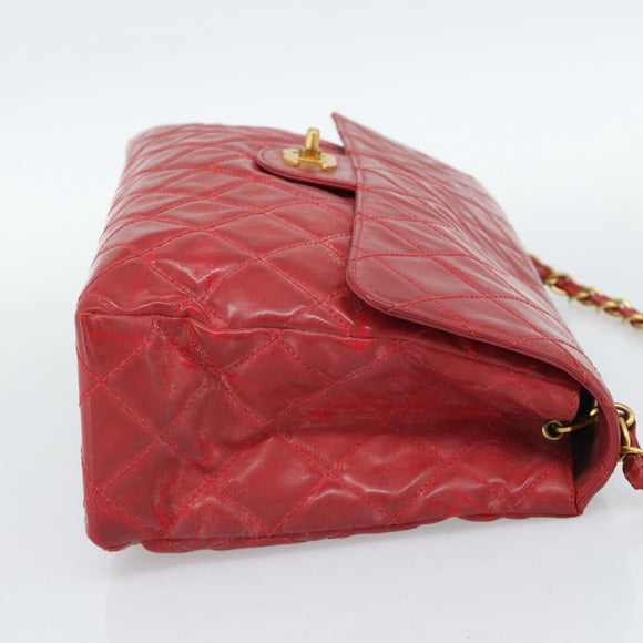 CHANEL Matelasse Chain Shoulder Bag Patent leather Red Gold CC Auth 187496