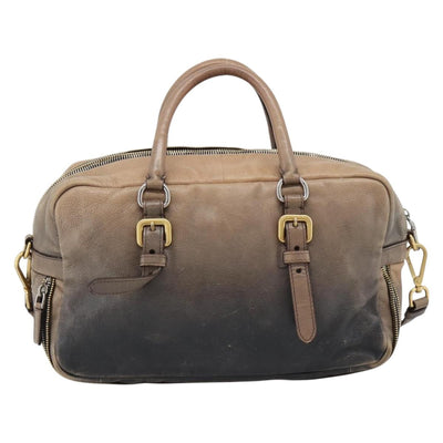 PRADA Hand Bag Leather 2way Beige Gold Auth 187498A - 0