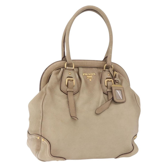 PRADA Hand Bag Leather Beige Gold Auth 187499