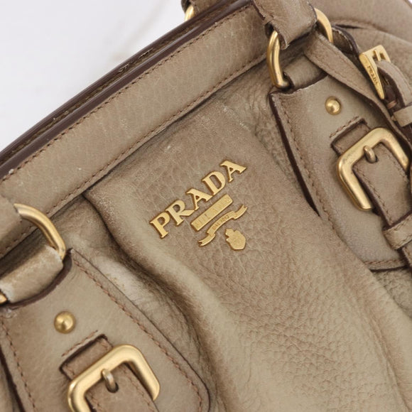 PRADA Hand Bag Leather Beige Gold Auth 187499