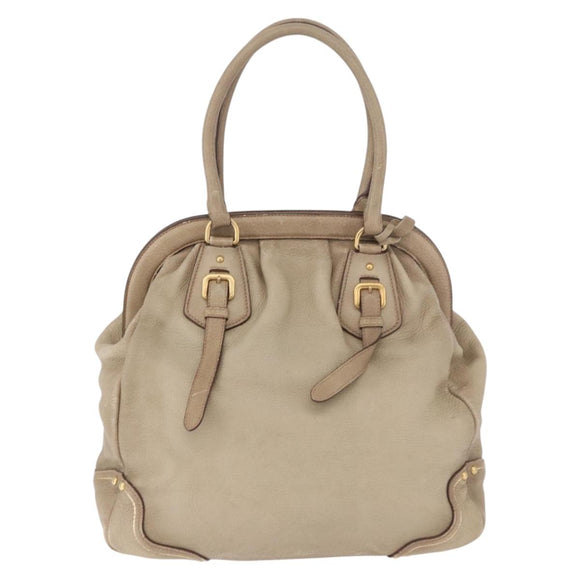 PRADA Hand Bag Leather Beige Gold Auth 187499