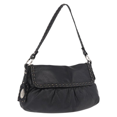FENDI Celeria Shoulder Bag Leather Black Silver Auth 187501A