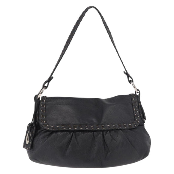 FENDI Celeria Shoulder Bag Leather Black Silver Auth 187501A