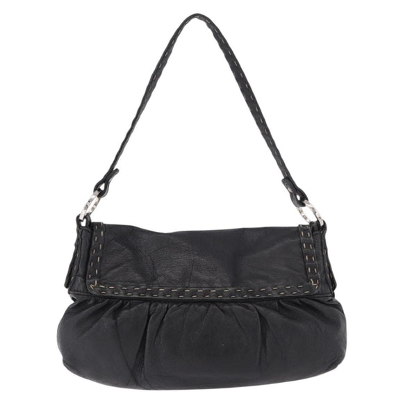 FENDI Celeria Shoulder Bag Leather Black Silver Auth 187501A