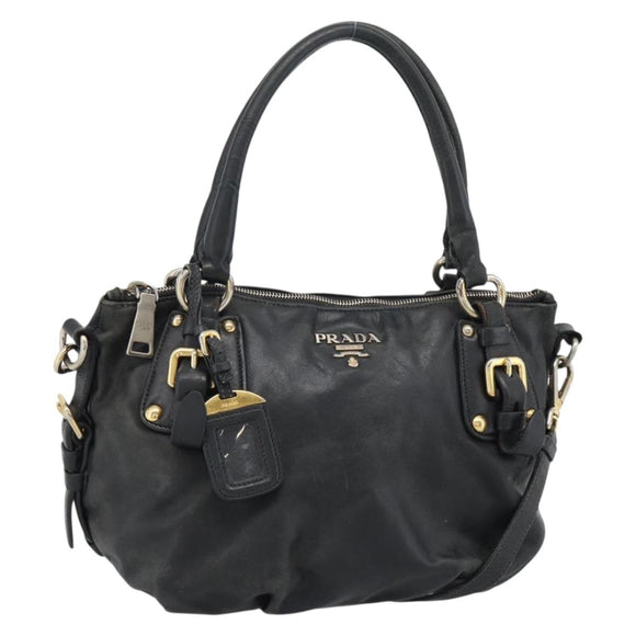 PRADA Hand Bag Leather 2way Black Gold Auth 187551