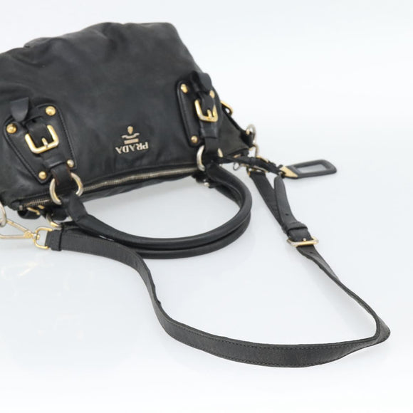 PRADA Hand Bag Leather 2way Black Gold Auth 187551
