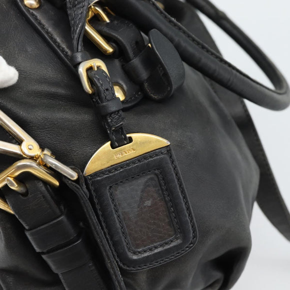 PRADA Hand Bag Leather 2way Black Gold Auth 187551