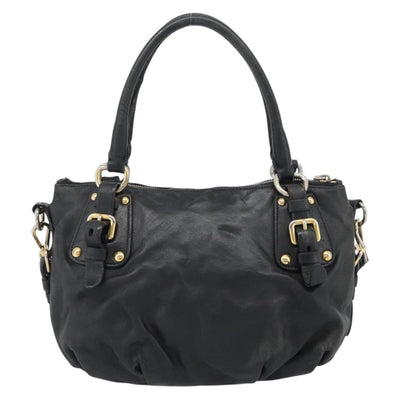 PRADA Hand Bag Leather 2way Black Gold Auth 187551 - 0