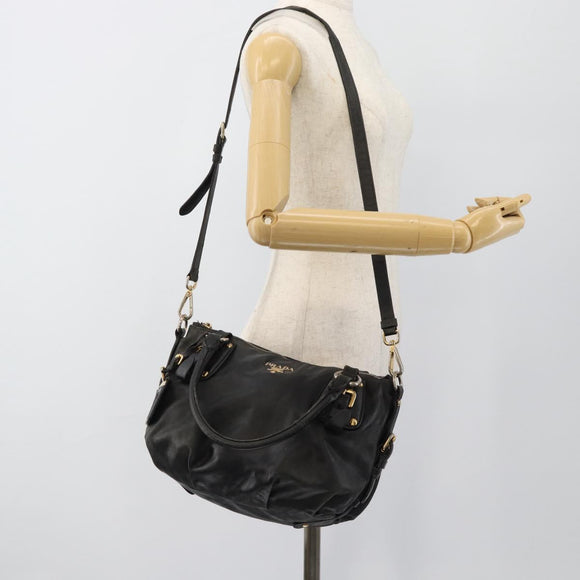 PRADA Hand Bag Leather 2way Black Gold Auth 187551