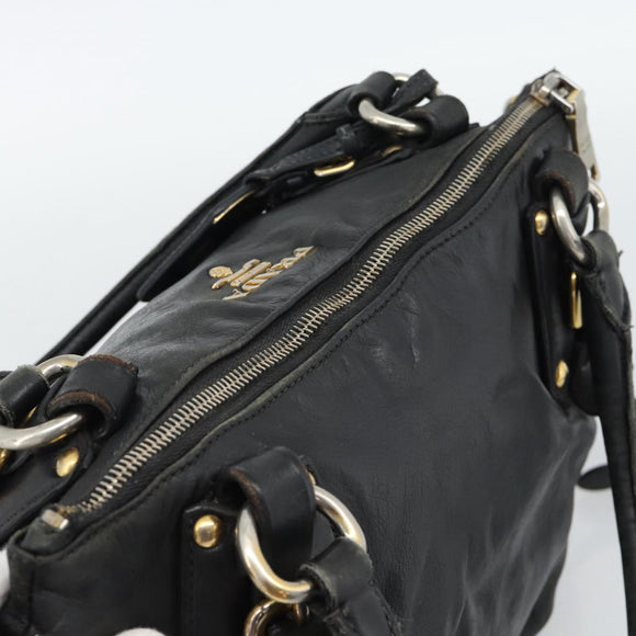 PRADA Hand Bag Leather 2way Black Gold Auth 187551