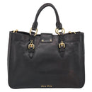 Miu Miu Madras Hand Bag Leather 2way Black Gold Auth 187556A-2
