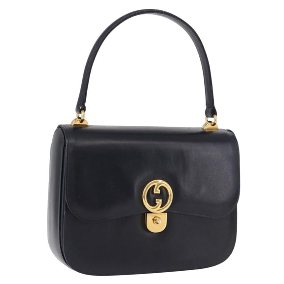 GUCCI Hand Bag Leather Navy Gold Auth 187557A
