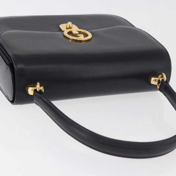 GUCCI Hand Bag Leather Navy Gold Auth 187557A