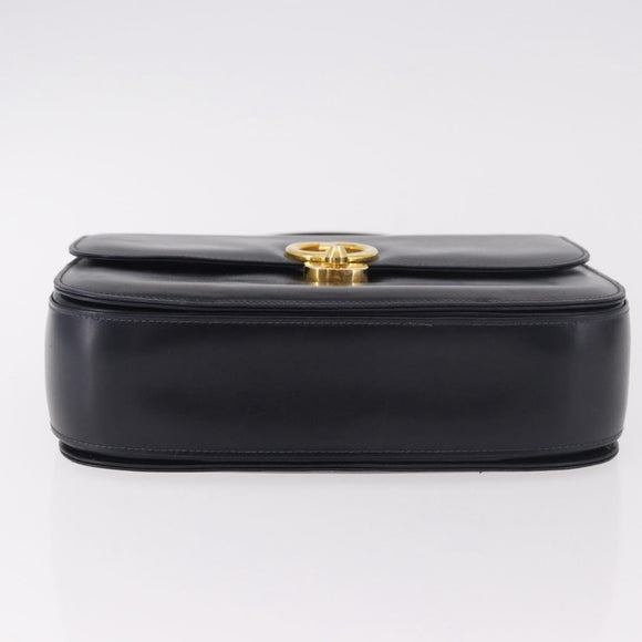 GUCCI Hand Bag Leather Navy Gold Auth 187557A