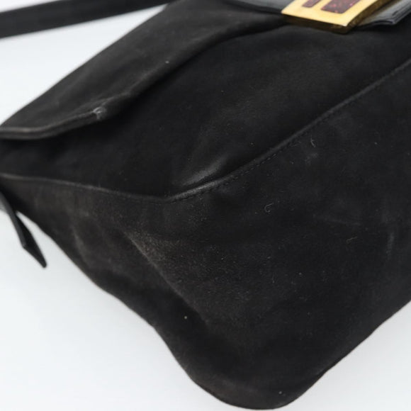 FENDI Mamma Baguette Shoulder Bag Suede Black Gold Auth 187561SAM